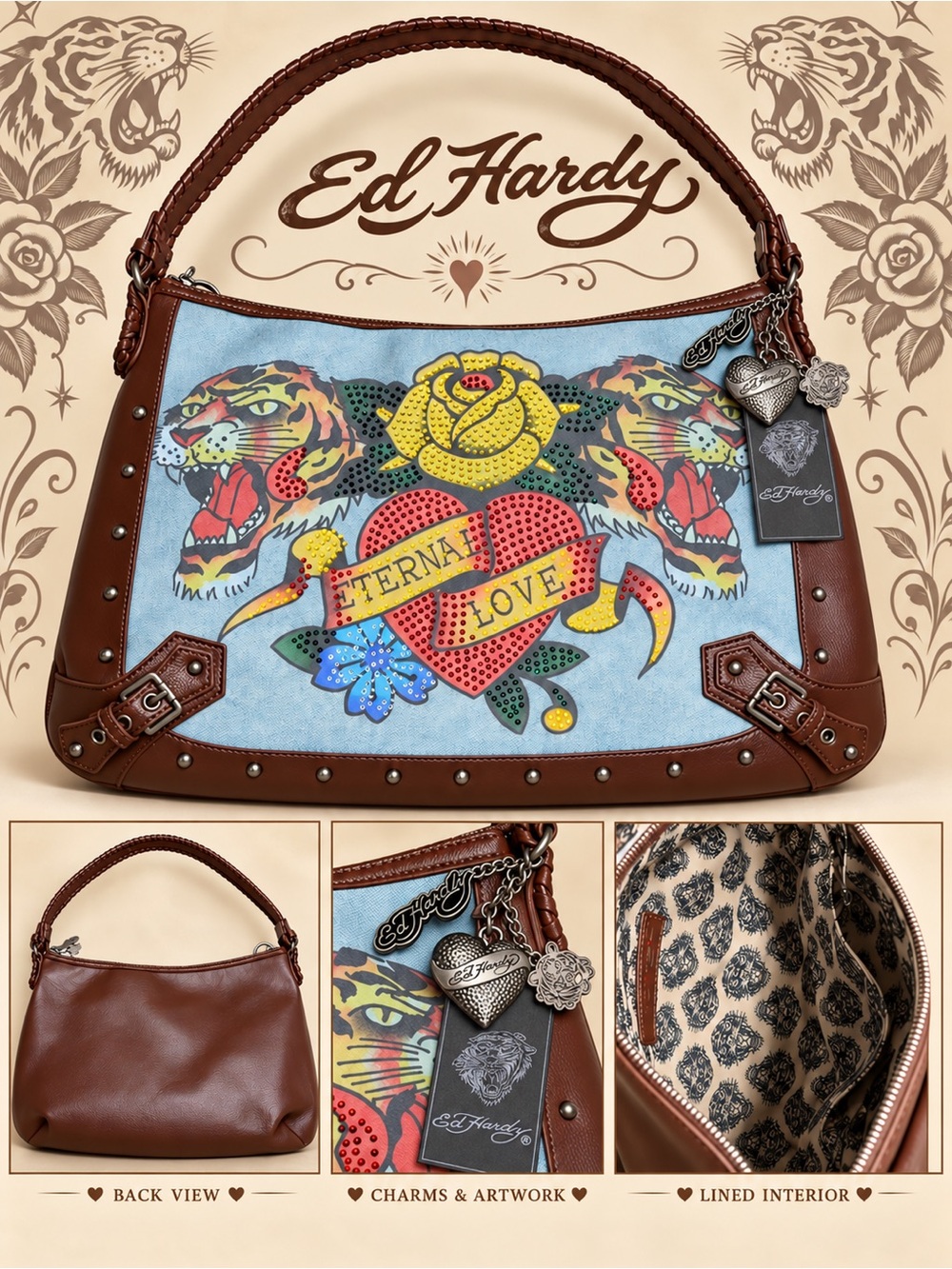 NWT Ed Hardy Brown Vegan Leather-Trim Denim Shoulder Bag with Multicolor Tattoo